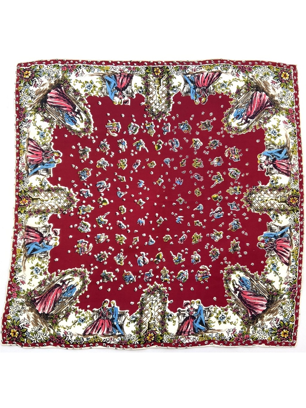 Vintage 100% Silk Scarf Red Victorian Couple Floral Hand Rolled Square 22x22